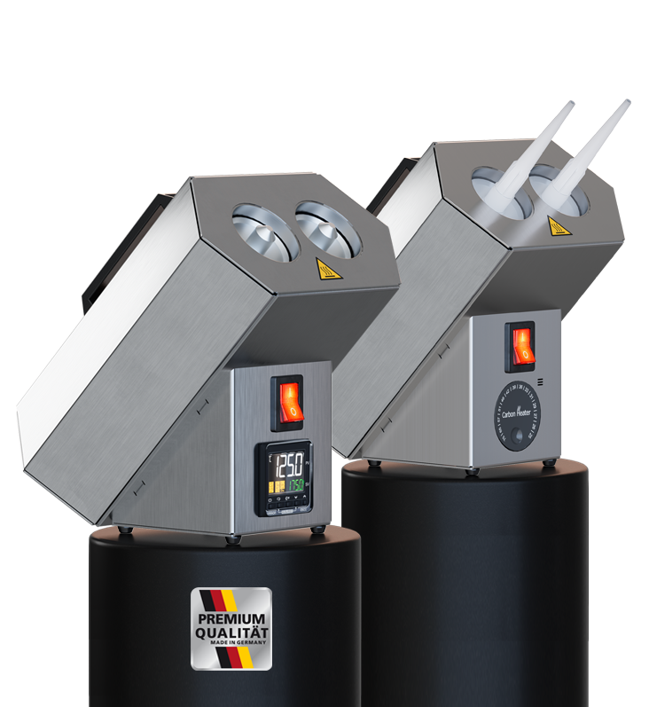 Analoges und digitales Kartuschen-Vorwärmgerät im Vergleich, robuste Edelstahl-Ausführung für exakte Erwärmung von Kleb- und Dichtstoffen.