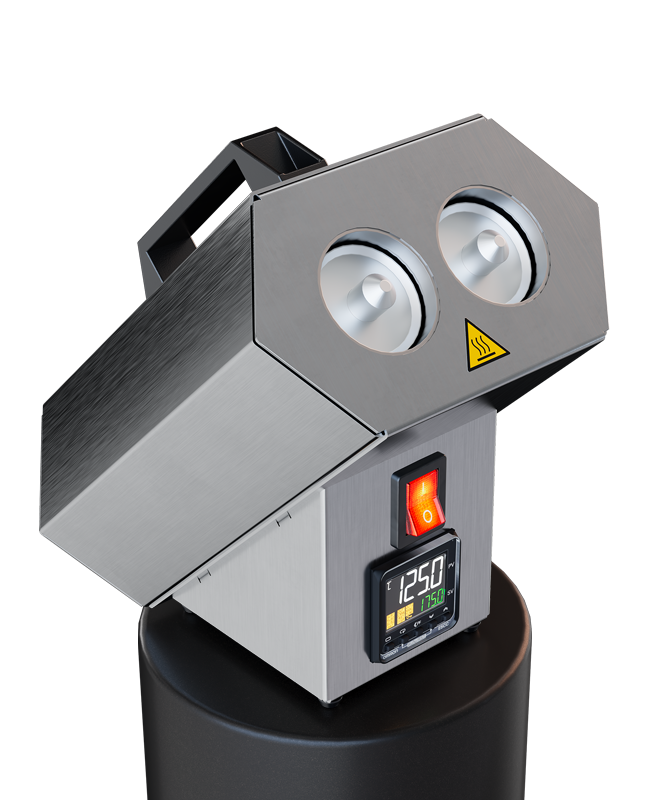 Digitales Kartuschenvorwärmgerät aus Edelstahl mit zwei Heizrohren für präzise Temperaturregelung bis 175 °C im professionellen Einsatz.