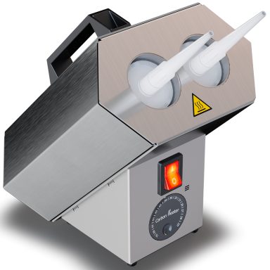 Kartuschenvorwärmer bis 75 °C für zwei 310-ml-Kartuschen in vollständiger Ansicht – robuste Edelstahlbauweise für präzises Erwärmen.