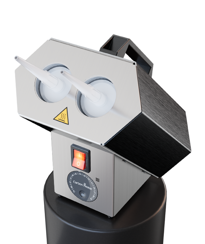 Analoger Kartuschenwärmer mit zwei Heizrohren für 310-ml-Kartuschen, robuste Ausführung und Temperaturregelung bis 75 °C.